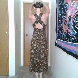 Vintage Floral Green Tea-Length Sun Dress